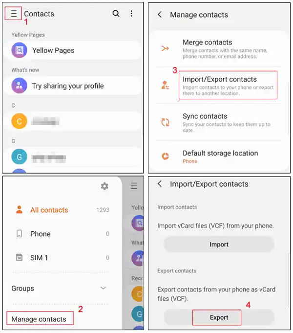 نسخة احتياطية يدوية بصيغة vCard (.vcf)